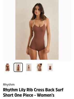Rhythm. Lily Rib Cross-Back One-Piece Swimsuit in Brown with Cream Stripes